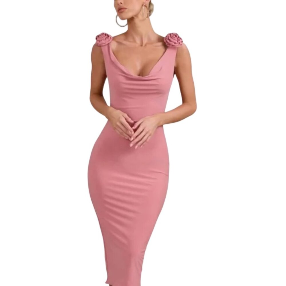 CLUB L LONDON Blush Pink Cowl-Neck Midi Dress With 3D Floral Corsages Large